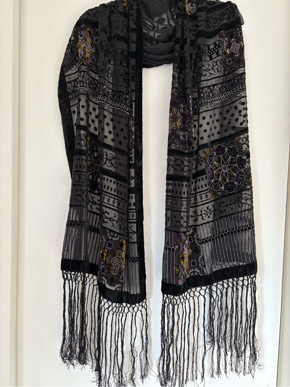 Vintage Burnout Velvet Scarf Patchwork Fringe Shawl Whimsigoth 90s Goth